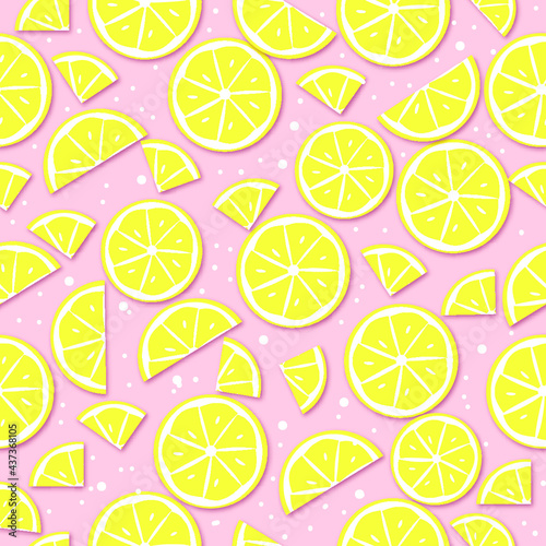 seamless pattern with lemons , pink background, citrus fruits drawing 