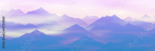 Mountain peaks above the clouds, morning fog. Vector illustration, banner. 