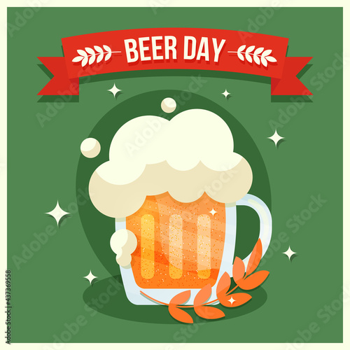 Beer Day banner. A postcard with a beer mug, with an alcoholic drink and wheat on a green background. Greeting card design, Happy beer day. Modern illustration, logo for the bar