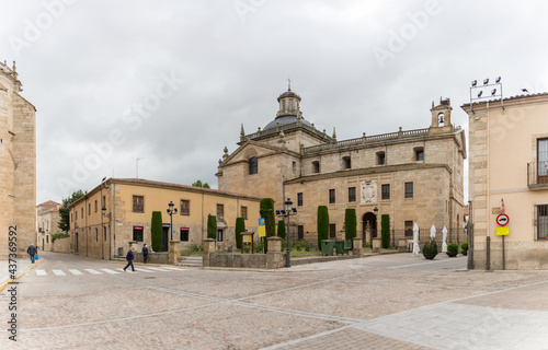 Front view at the Iglesia de Cerralbo, dome copula tower at the iconic spanish Romanesque and Renaissance architecture, Plaza Mazarrasa, downtown city photo