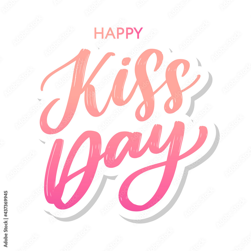 Kiss me greeting card, poster with pink hand drawn watercolor lips. Vector background with ink hand lettering.