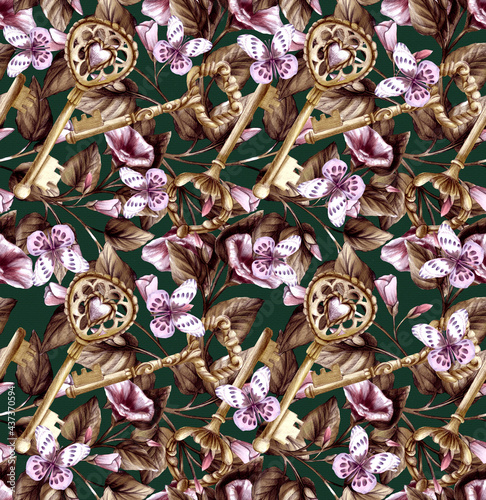 Seamless pattern with pencil-drawn old keys, butterflies and loach flowers. Botany and animals in vintage background. Texture for printing with branches, metal and insects