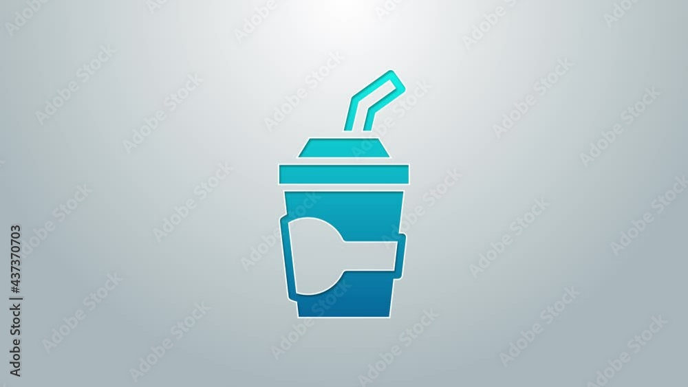 Blue line Paper glass with drinking straw and water icon isolated on grey background. Soda drink glass. Fresh cold beverage symbol. 4K Video motion graphic animation Blue line Paper glass with drinking straw and water icon isolated on grey background. Soda drink glass. Fresh cold beverage symbol. 4K Video motion graphic animation