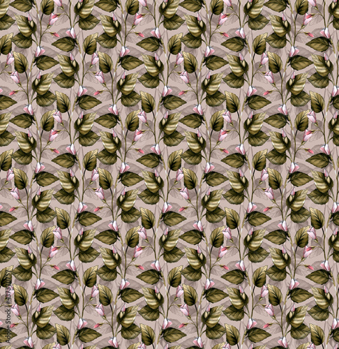 Seamless pattern with crayon flowers drawn in pencil. Botany in vintage background. Printable texture with branches, leaves and buds