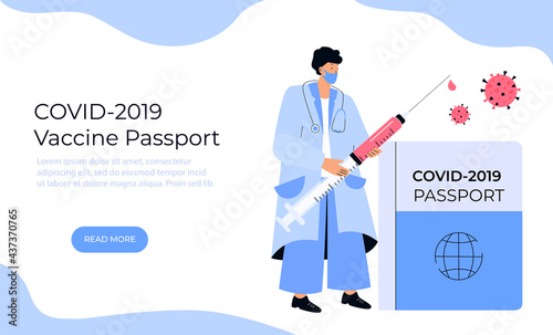 Doctor holds huge syringe. Covid-19 Vaccine passport. Coronavirus immune pass. Pandemic vaccination proof.