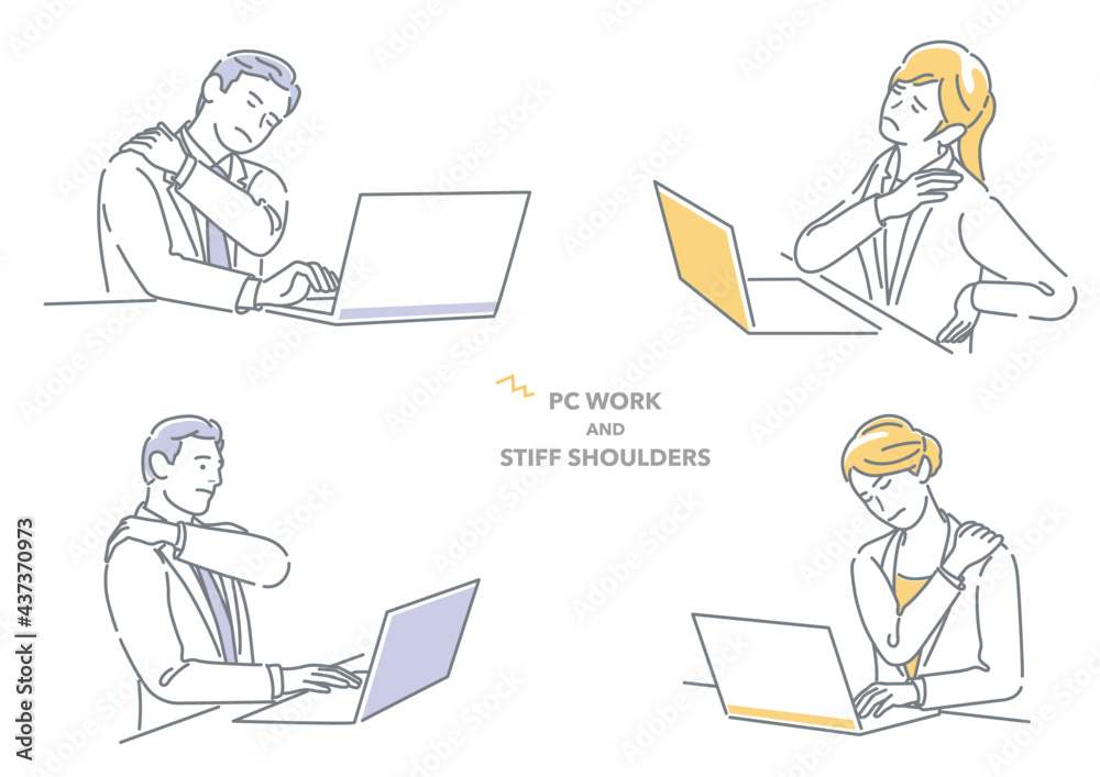 肩こりに悩むビジネスパーソン シンプルな線画イラストセット 肩こりに悩むビジネスパーソン シンプルな線画イラストセット