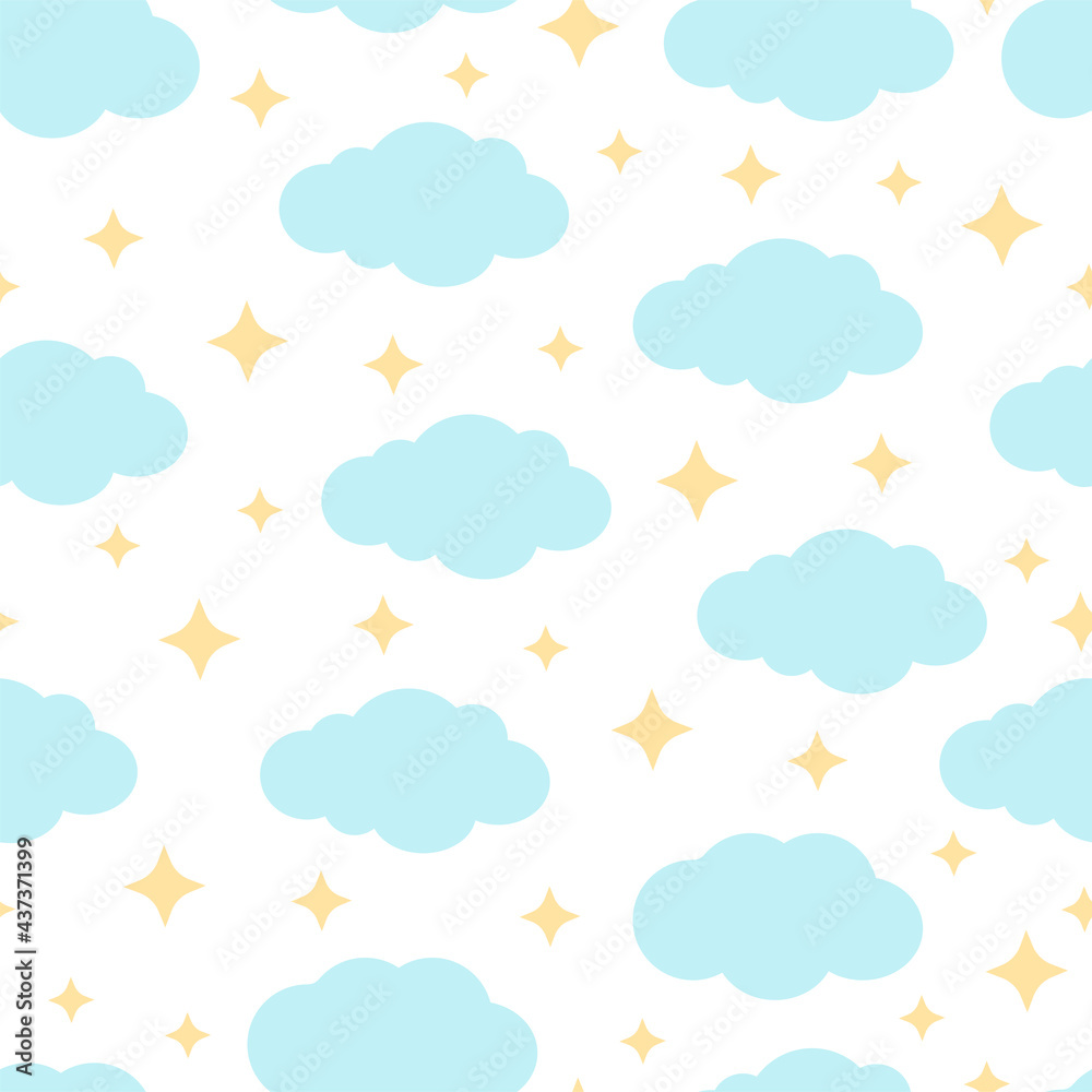 Cute seamless pattern with clouds and yellow stars on a white background. Vector illustration for fabrics, textures, wallpapers, posters, postcards. Childish fun print. Editable elements. Cute seamless pattern with clouds and yellow stars on a white background. Vector illustration for fabrics, textures, wallpapers, posters, postcards. Childish fun print. Editable elements.