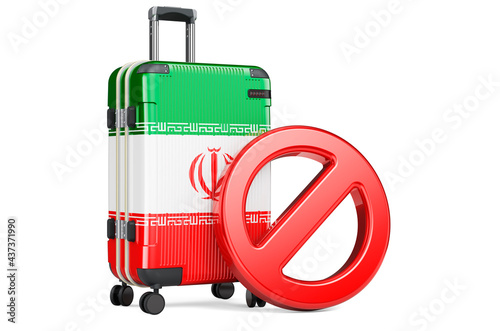 Iran Entry Ban. Suitcase with Iranian flag and prohibition sign. 3D rendering