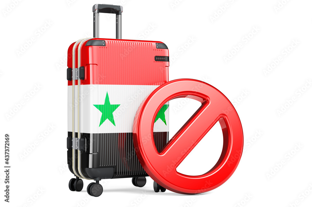 Syria Entry Ban. Suitcase with Syrian flag and prohibition sign. 3D rendering Syria Entry Ban. Suitcase with Syrian flag and prohibition sign. 3D rendering