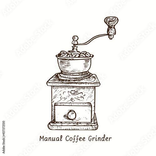 Manual coffee grinder. Ink black and white drawing outline illustration