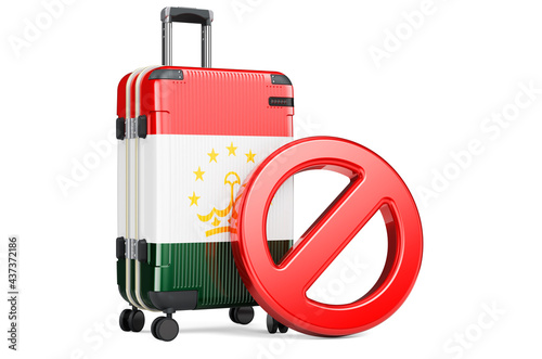 Tajikistan Entry Ban. Suitcase with Tajik flag and prohibition sign. 3D rendering