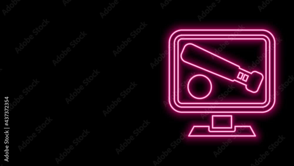 Glowing neon line Monitor with baseball ball and bat on the screen icon isolated on black background. Online baseball game. 4K Video motion graphic animation Glowing neon line Monitor with baseball ball and bat on the screen icon isolated on black background. Online baseball game. 4K Video motion graphic animation