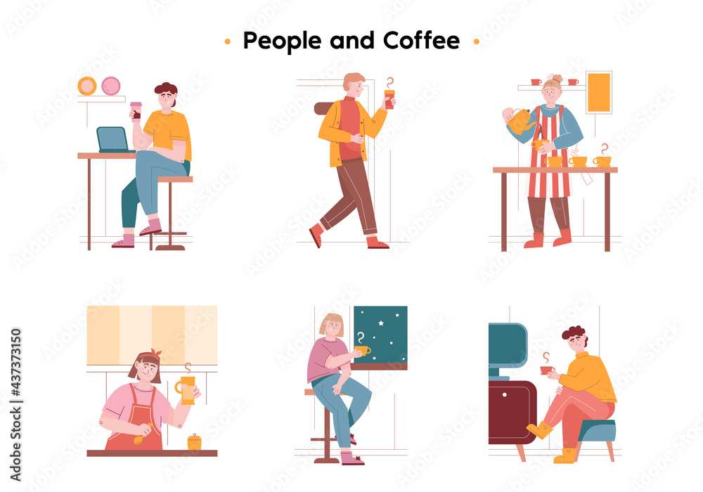 People spend their free time drinking a mug of coffee. A girl prepares coffee in the kitchen. A girl at the window with coffee. a man sitting at a table in a cafe works on a laptop and drinks coffee. People spend their free time drinking a mug of coffee. A girl prepares coffee in the kitchen. A girl at the window with coffee. a man sitting at a table in a cafe works on a laptop and drinks coffee.