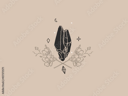 Hand drawn vector abstract stock flat graphic illustration with logo element,bohemian magic logo of crystal silhouette,crescent and flowers in simple style for branding,isolated on color background.