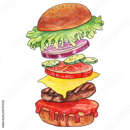 delicious watercolor illustration burger with cutlet tomato lettuce cucumber onion ketchup disassembled
