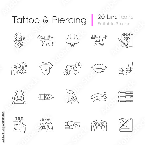 Tattoo and piercing linear icons set. Creating beautiful pictures on human skin. Professional tools. Customizable thin line contour symbols. Isolated vector outline illustrations. Editable stroke