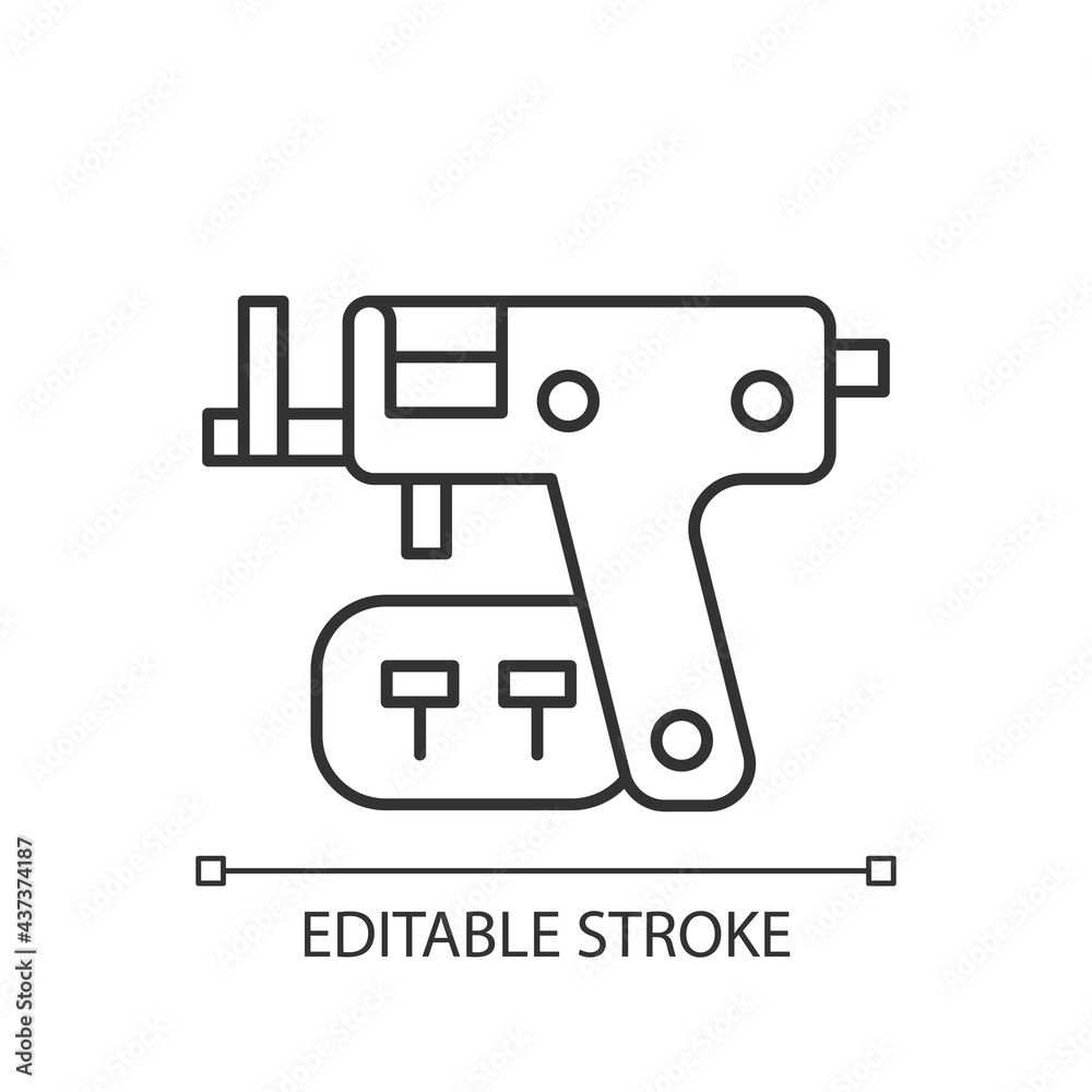 Piercing gun linear icon. Special instrument for making holes in body skin. Modern style. Thin line customizable illustration. Contour symbol. Vector isolated outline drawing. Editable stroke