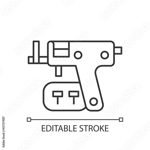 Piercing gun linear icon. Special instrument for making holes in body skin. Modern style. Thin line customizable illustration. Contour symbol. Vector isolated outline drawing. Editable stroke