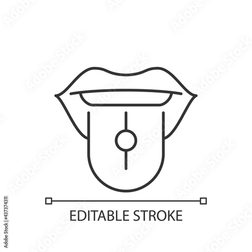 Tongue piercing linear icon. Beautiful jewellery in human mouth. Metal parts injected in body. Thin line customizable illustration. Contour symbol. Vector isolated outline drawing. Editable stroke