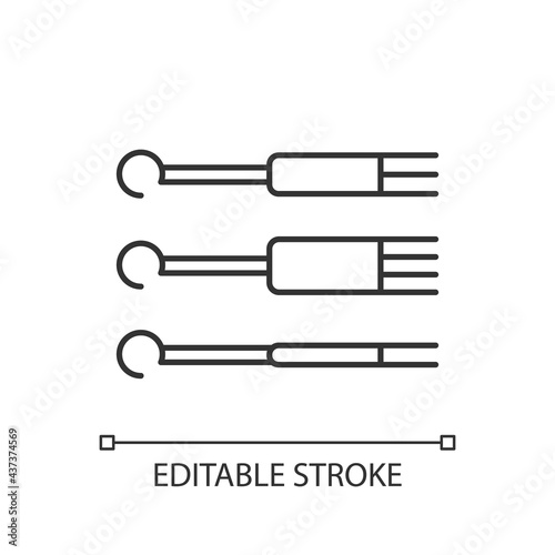 Needles linear icon. Special needles to inject ink into human skin. Master equipment. Thin line customizable illustration. Contour symbol. Vector isolated outline drawing. Editable stroke