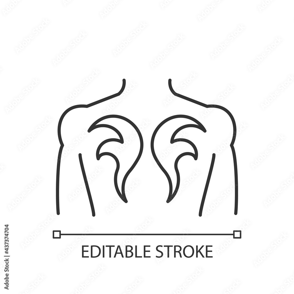 Back tattoo linear icon. Tattoo master creating beautiful works. Client get back painted with ink. Thin line customizable illustration. Contour symbol. Vector isolated outline drawing. Editable stroke Back tattoo linear icon. Tattoo master creating beautiful works. Client get back painted with ink. Thin line customizable illustration. Contour symbol. Vector isolated outline drawing. Editable stroke