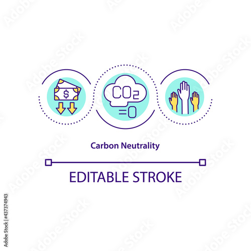 Carbon neutrality concept icon. Net zero emission achieving abstract idea thin line illustration. Reducing carbon dioxide amount release. Vector isolated outline color drawing. Editable stroke