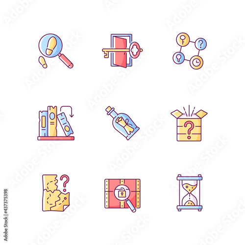 Puzzle solving RGB color icons set. Investigate footprints. Message in bottle. Clues for riddles. Part of quest. Isolated vector illustrations. Escape room simple filled line drawings collection