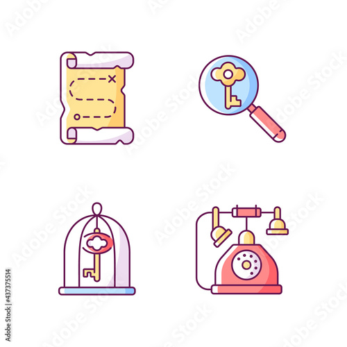 Solving quest RGB color icons set. Map with route to pirate treasure. Looking for key. Solving puzzles. Part of quest. Isolated vector illustrations. Escape room simple filled line drawings collection