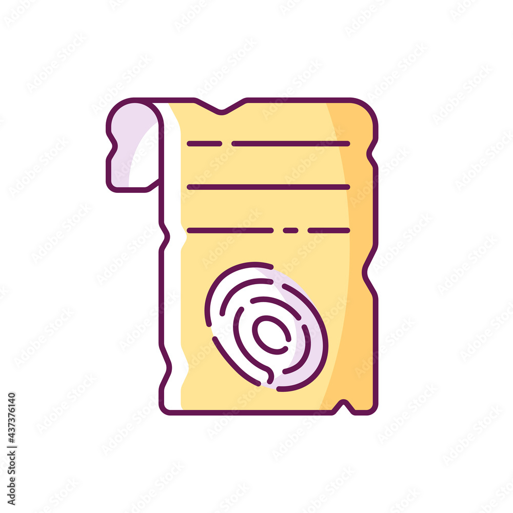Fingerprints on piece of paper RGB color icon. Criminal investigation. Vintage parchment. Clues for riddles. Part of mystery quest. Isolated vector illustration. Escape room simple filled line drawing Fingerprints on piece of paper RGB color icon. Criminal investigation. Vintage parchment. Clues for riddles. Part of mystery quest. Isolated vector illustration. Escape room simple filled line drawing