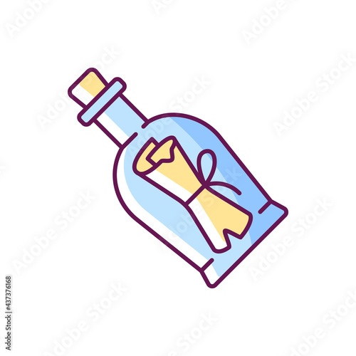 Message in bottle RGB color icon. Scrolled note inside glass with cork. Solving puzzles, clues for riddles. Part of mystery quest. Isolated vector illustration. Escape room simple filled line drawing