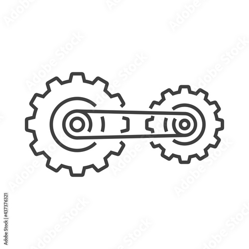 Maquinaria industrial. Logotipo 2 engranajes con cinturón con lineas en color gris