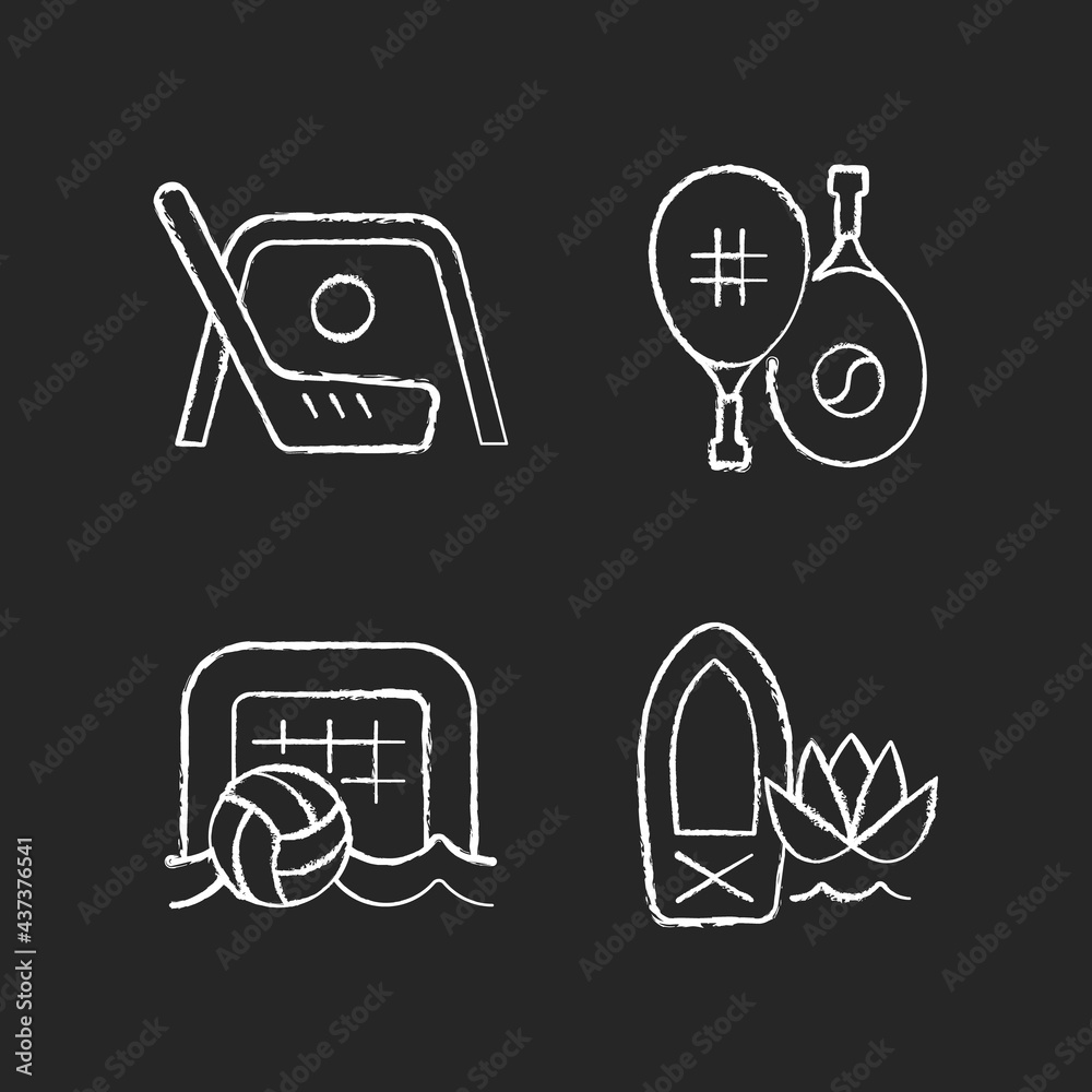 Summer camp activities chalk white icons set on dark background. Street hockey. Racket sport. Beach soccer. Stand up paddle board yoga. Outdoor game. Isolated vector chalkboard illustrations on black