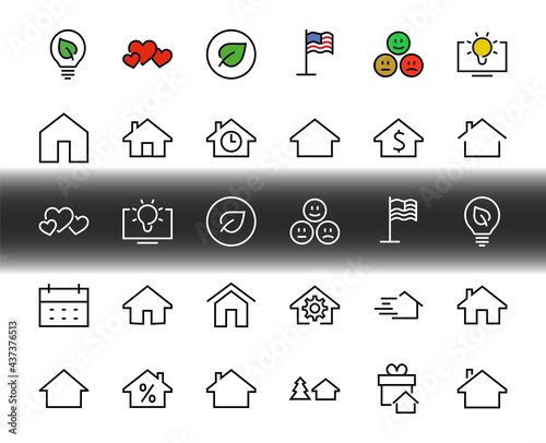 Simple set of line vector home icons. Contains house symbols at interest, infuse house and more. Editable stroke. 480x480 pixels perfect