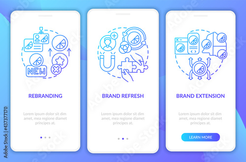 Brand redesign onboarding mobile app page screen with concepts. Rebranding, brand refresh walkthrough 3 steps graphic instructions. UI, UX, GUI vector template with linear color illustrations