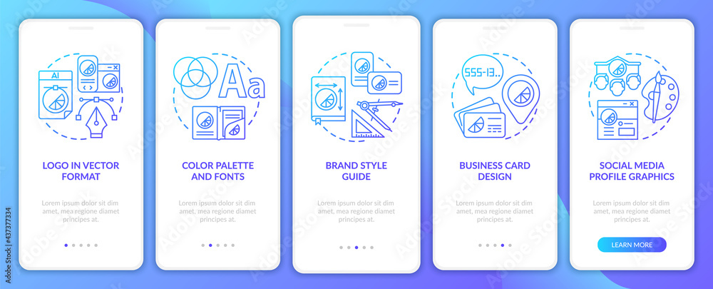 Company branding services onboarding mobile app page screen with concepts. Logo in vector format walkthrough 5 steps graphic instructions. UI, UX, GUI vector template with linear color illustrations