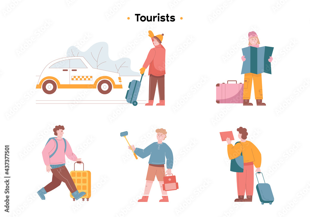 Tourists traveling with backpacks and bags, suitcases. A guy with a backpack takes pictures of himself on a selfie stick. A girl with a suitcase looks at a large map. The guy is catching a taxi. Flat