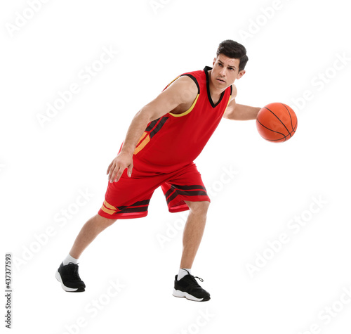 Professional sportsman playing basketball on white background © New Africa