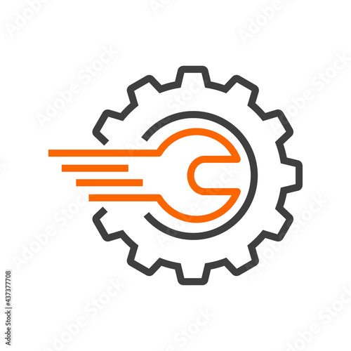 Maquinaria industrial. Logotipo engranaje con herramienta llave con lineas de velocidad en color gris y naranja
