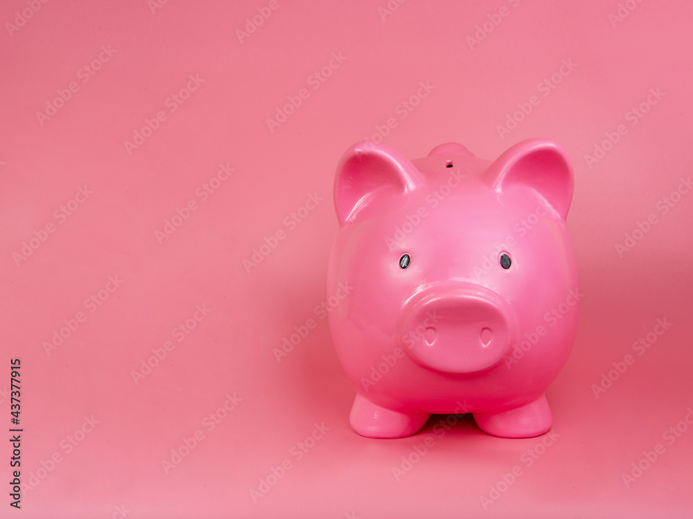 Pink piggy bank ceramic money toy with copy space on pink background