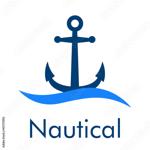 Logotipo con texto Nautical y ancla de barco con olas en color azul