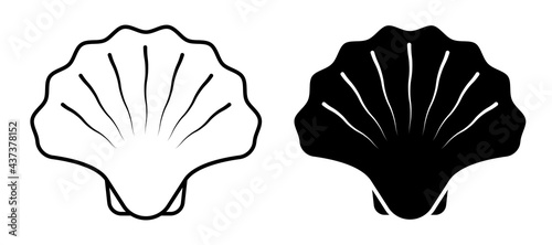 closed sea shell icon. Scallop, edible shellfish and seafood. Simple black and white vector