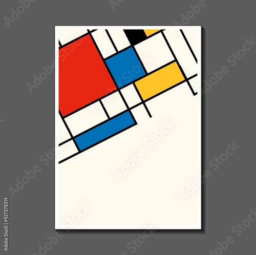 Fashion poster inspired by postmodern Piet Mondrian. Neoplasty, Bauhaus. Useful for interior design, background, poster design, first page of the magazine, high-tech printing, cover.