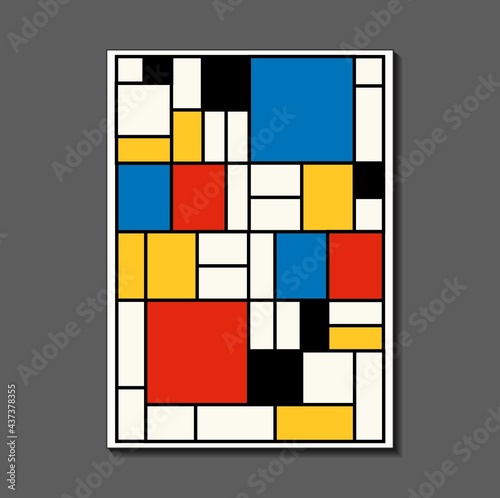 Fashion poster inspired by postmodern Piet Mondrian. Neoplasty, Bauhaus. Useful for interior design, background, poster design, first page of the magazine, high-tech printing, cover.