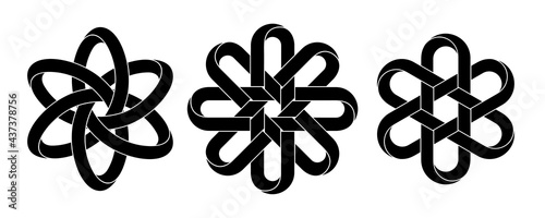 Set of symbols made of mobius stripes intertwined in hexagonal and octagonal shapes. Stylized signs for tattoo design. Vector isolated illustration.