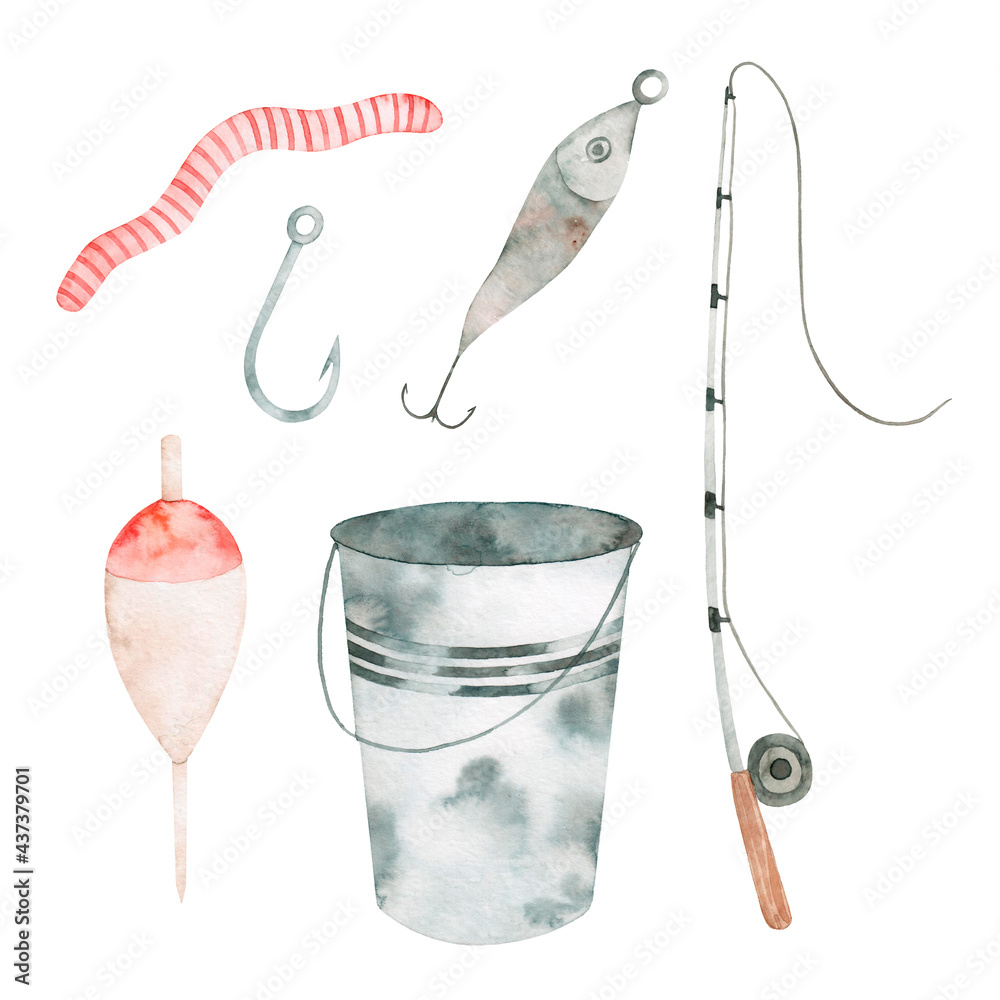Set of watercolor elements for fishing. Hand drawn isolated on white  background. Camping. Tackle. Fishing rod, hook, worm, bucket. Father's day.  Stock Illustration