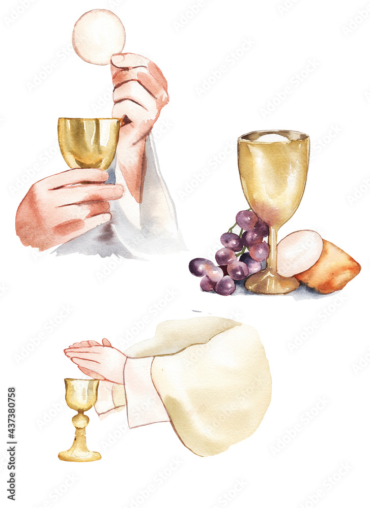 Watercolor illustration. Holy Communion, Last Supper. A bowl of wine
