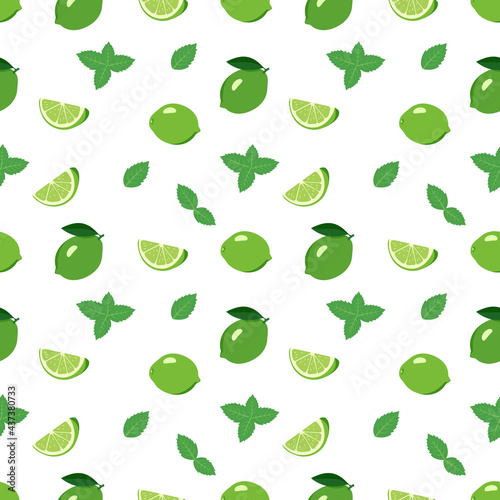 Cute seamless bright pattern of citrus fruits and mint leaves on a white background. Print with whole lime, slices. A set of fruits for a healthy lifestyle. Vector flat illustration of useful food