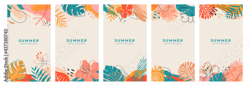 Set of colorful abstract summer backgrounds with tropical palm leaf for social media,banner,cover,poster,stories,card,post.Trendy vector template for your design with copy space for text. Summertime