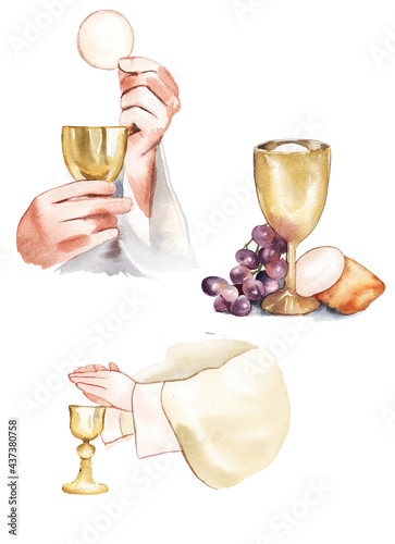 Watercolor illustration. Holy Communion, Last Supper. A bowl of wine, bread, grapes and ears of wheat. Easter service, Catholicism, Protestantism