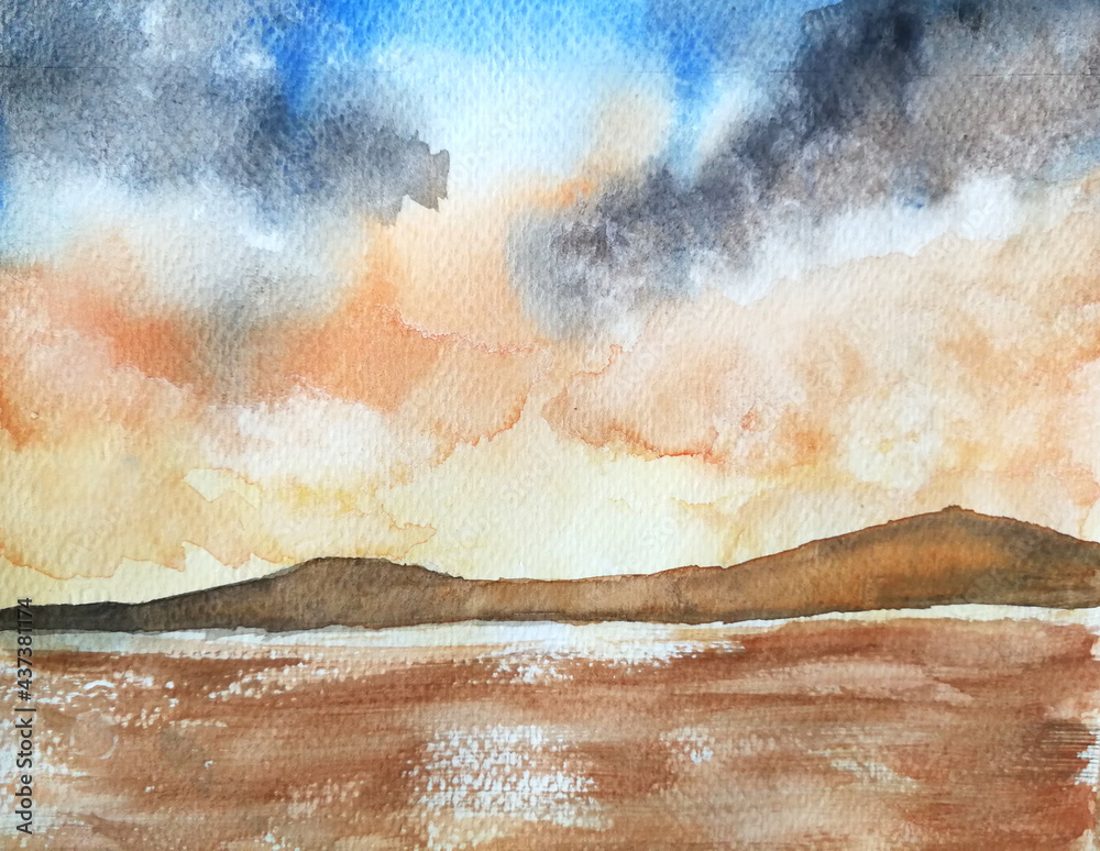 mountain sunset watercolor painting